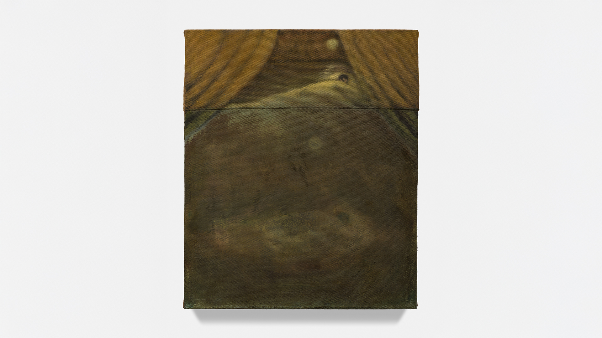 Noah Schneiderman (b. 1996) Dream Theatre, 2024 Oil on sewn canvas with cutch, iron, and fustic 14 x 12 in.