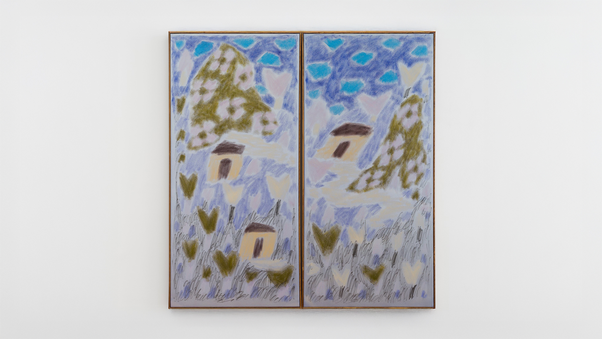 Untitled (Open Sky), 2024 Oil and soft pastel on dyed satin panels, with carved wood frame 42.5 x 41 in.
